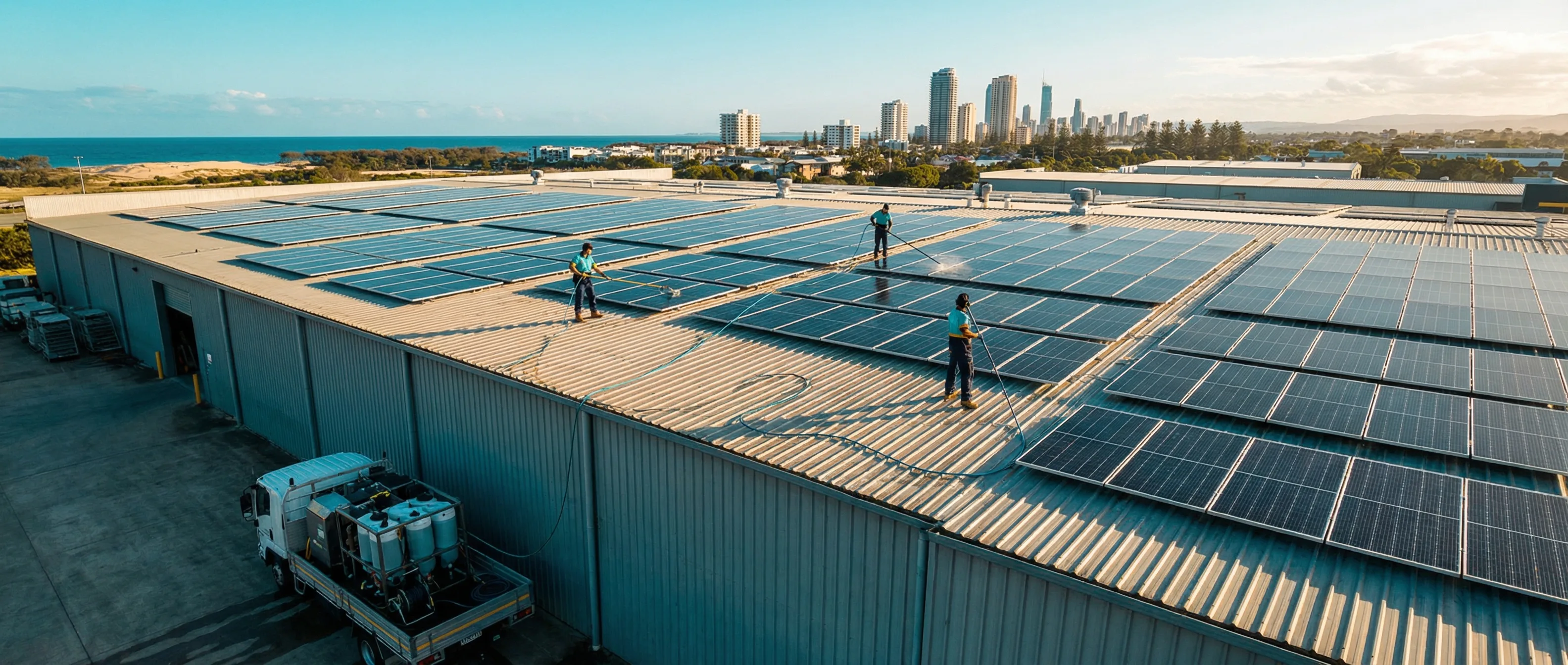 Professional team cleaning commercial solar panels on a Gold Coast warehouse rooftop using purified water system
