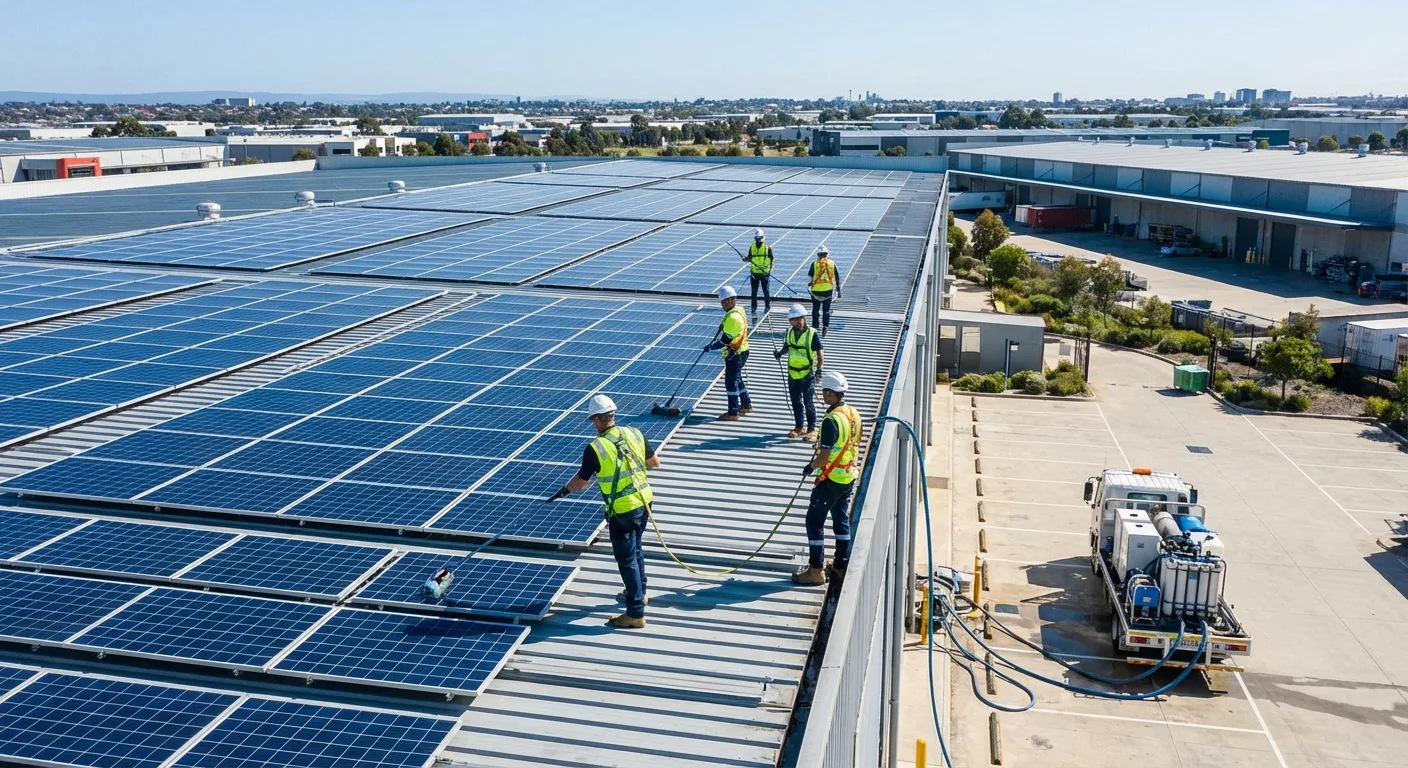 Commercial solar panel cleaning team working on a large rooftop array with professional purified water equipment