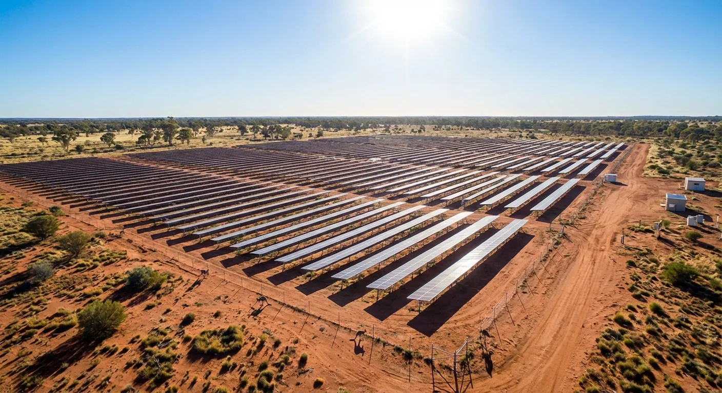 Aerial view of large ground-mounted solar farm with hundreds of panels in neat rows under sunny Australian sky