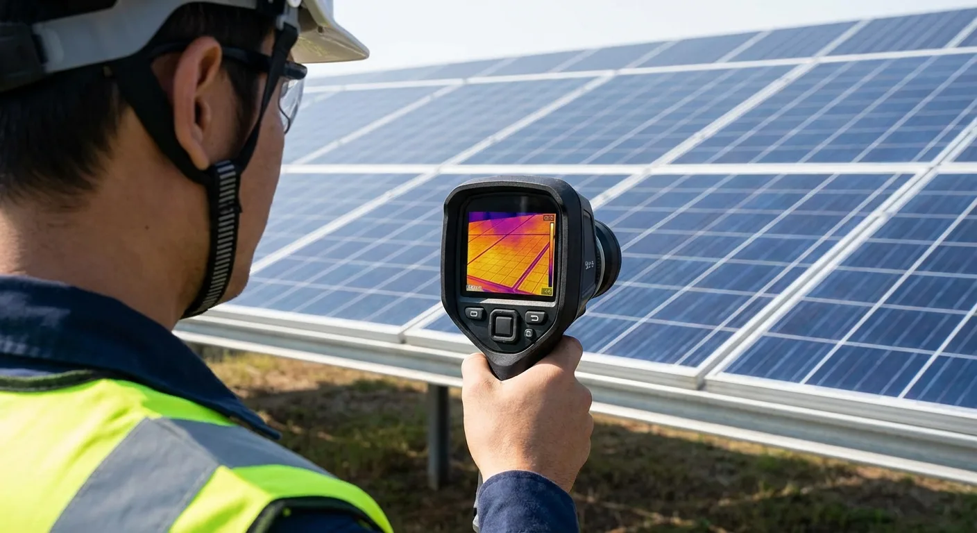 Close-up solar panel inspection with thermal imaging camera assessing commercial panel condition