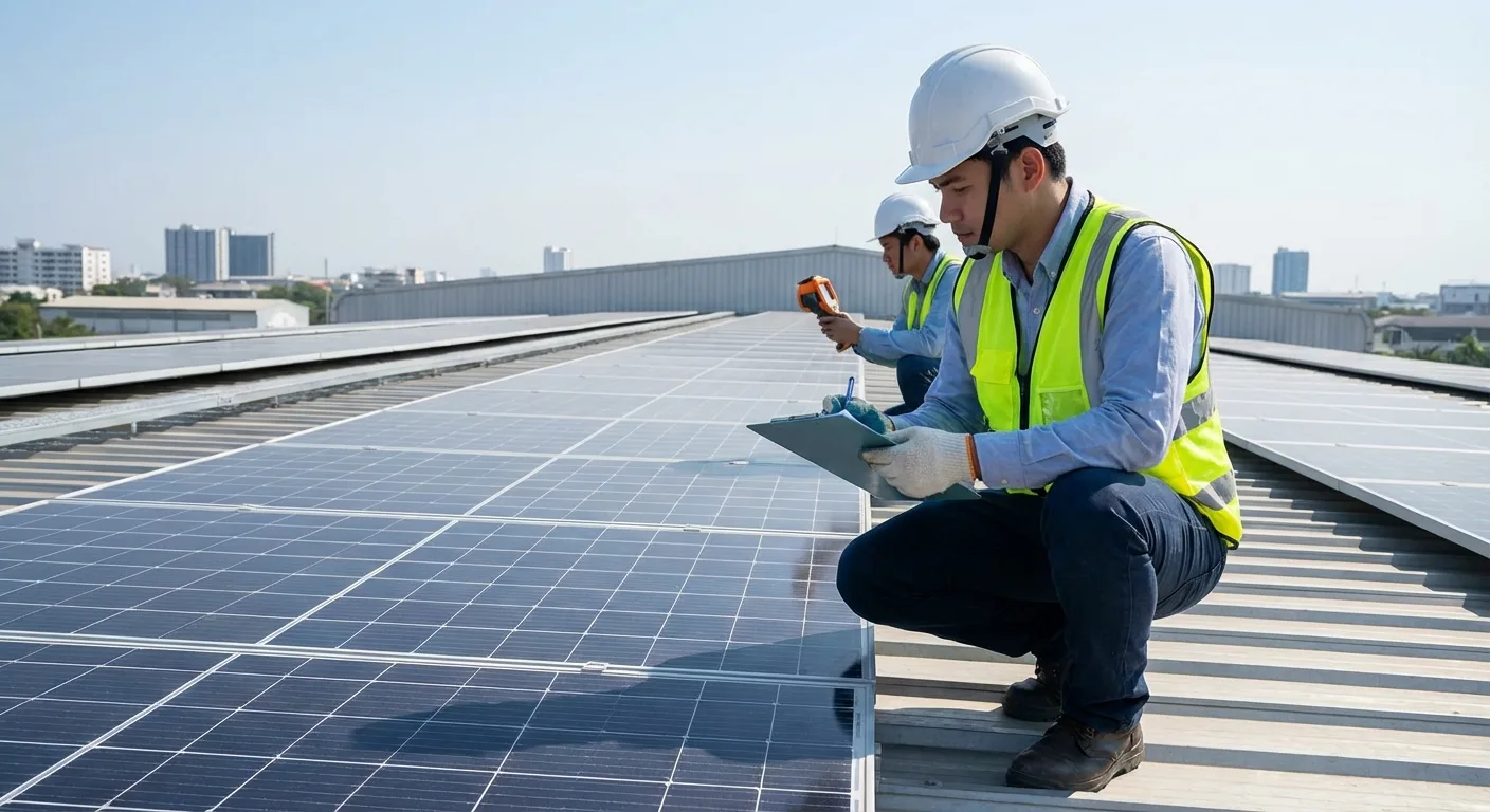 Technician inspecting commercial solar panels during scheduled maintenance visit on Gold Coast rooftop