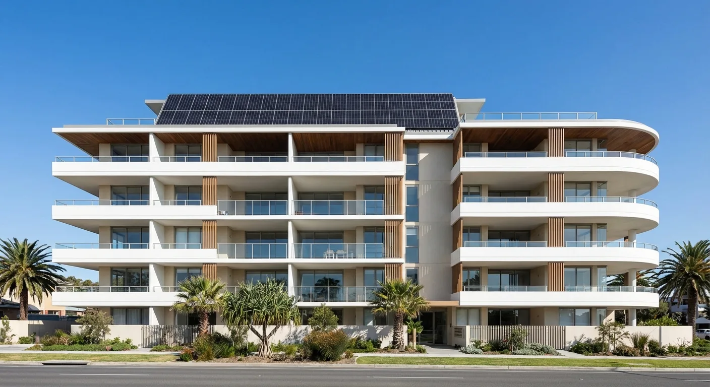 Modern Gold Coast strata apartment building with solar panels on rooftop under blue sky